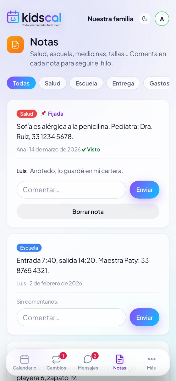 Pantalla de notas compartidas de KidsCal, con categorías de salud y escuela.